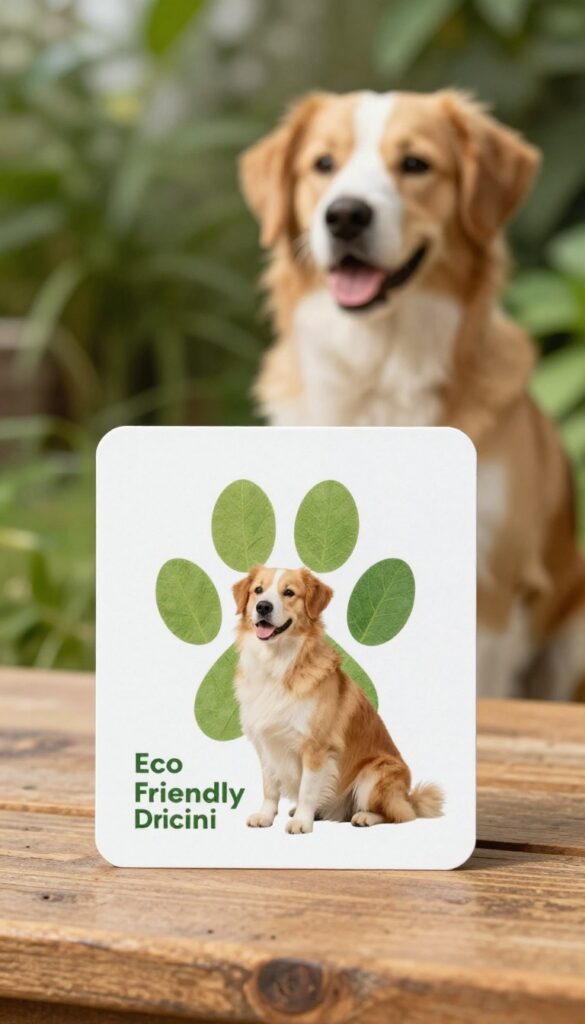 Eco-friendly dog grooming business card made from recycled paper with paw print design on wooden table, with dog in background