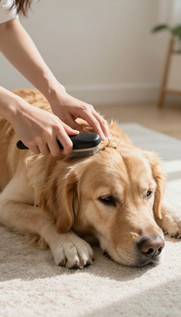 A person gently brushing a Golden Retriever's fur to remove mats and tangles in a bright, natural-lit home setting.
