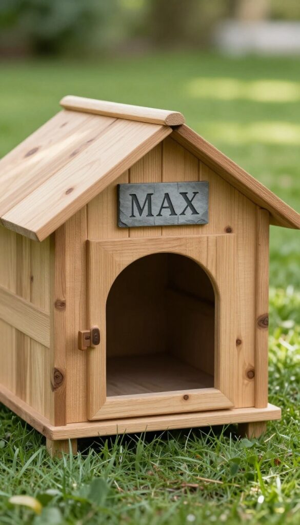 Engraved slate tile sign on a wooden dog house in a sunny garden