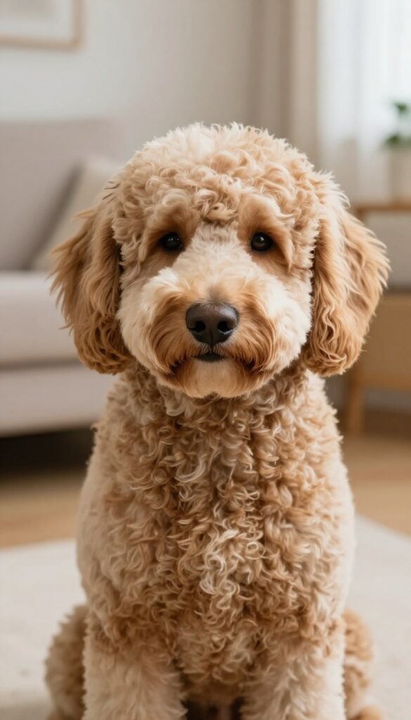 Goldendoodle with trimmed ear hair to prevent infections, showcasing clean grooming in natural light.