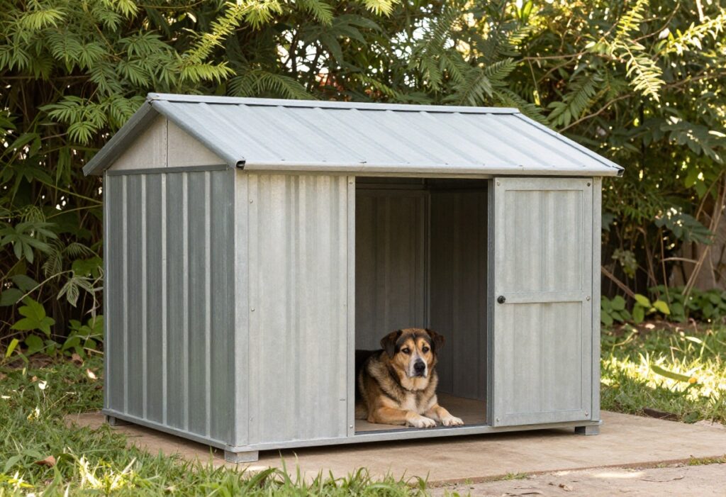 Metal dog house in backyard with dog resting inside