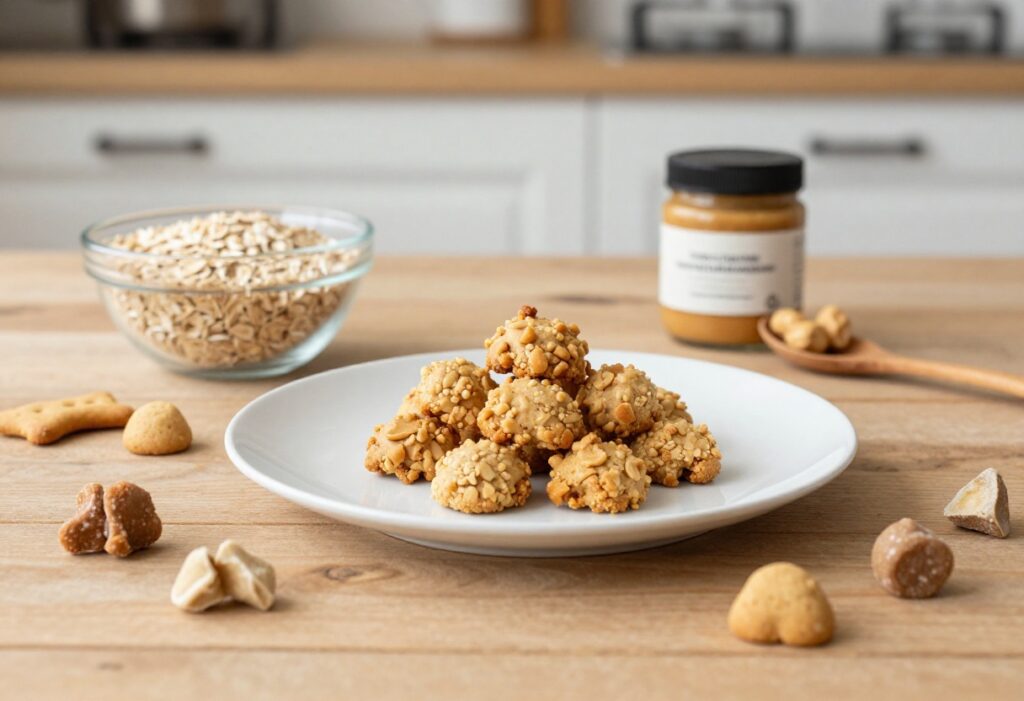 A variety of homemade crunchy dog treats, including peanut butter oat biscuits and other plain biscuits, arranged on a rustic wooden table with natural ingredients like oats and peanut butter, in bright natural light for a dog treat blog.