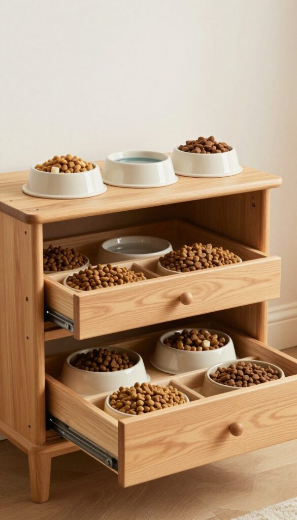 A repurposed wooden dresser converted into a feeding station for multiple dogs, with open drawers for food storage and bowls on top in a bright, organized room.