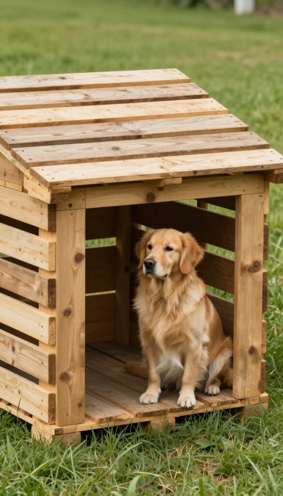 Rustic pallet dog house in a sunny backyard with a golden retriever sitting beside the entrance.