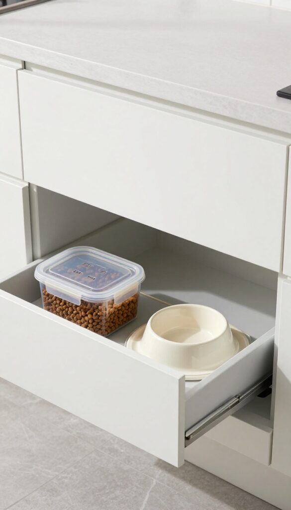 A pull-out drawer in a kitchen cabinet converted into a dog food station, featuring an airtight bin and bowl on a non-slip mat, showcasing an organized and stylish feeding setup in natural light.