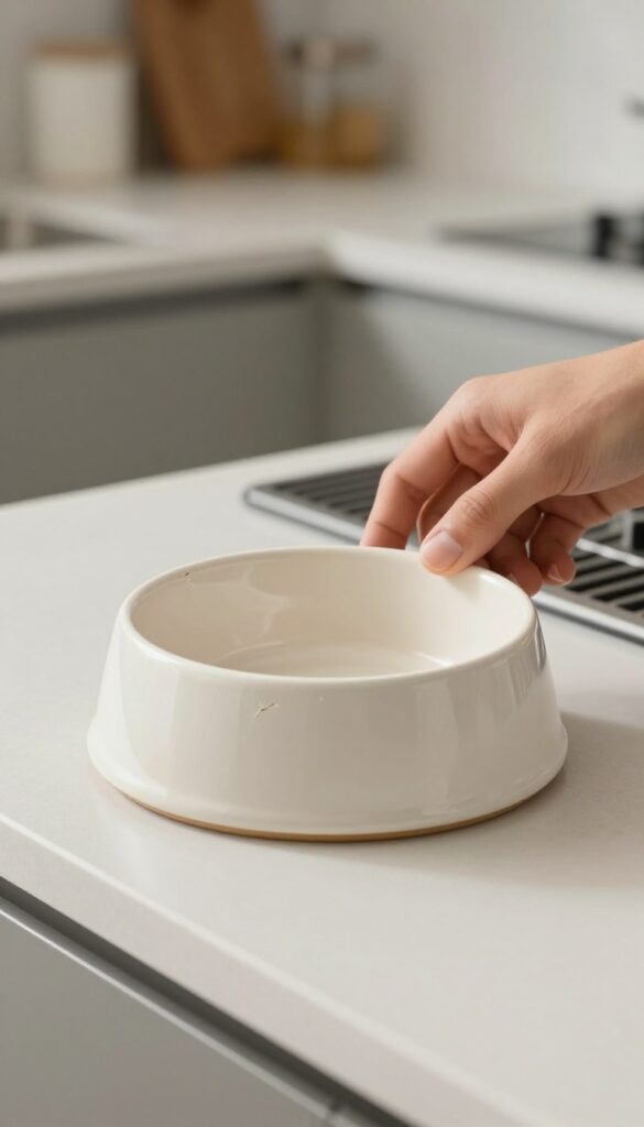 Hand inspecting a chipped ceramic dog bowl on a kitchen counter with soft natural light and a blurred background.