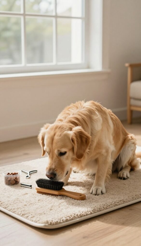 A dog exploring grooming tools slowly in a bright home setting to build positive associations with grooming.