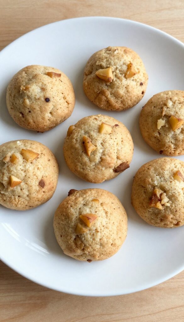 A plate of homemade soft dog treats made with oat flour, unsweetened applesauce, and cinnamon, baked to a tender, golden-brown texture, ideal for senior dogs with sensitive teeth, arranged on a plain wooden surface in bright natural light.