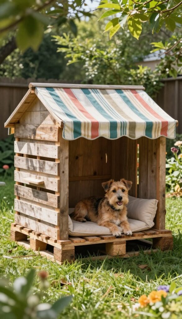 Pallet dog house with porch and awning in sunny backyard