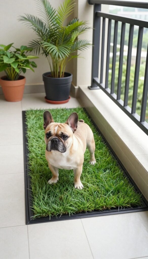 Dog standing on fake grass potty patch on a sunny balcony