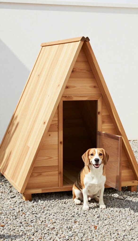 Classic A-frame dog house in backyard with Beagle