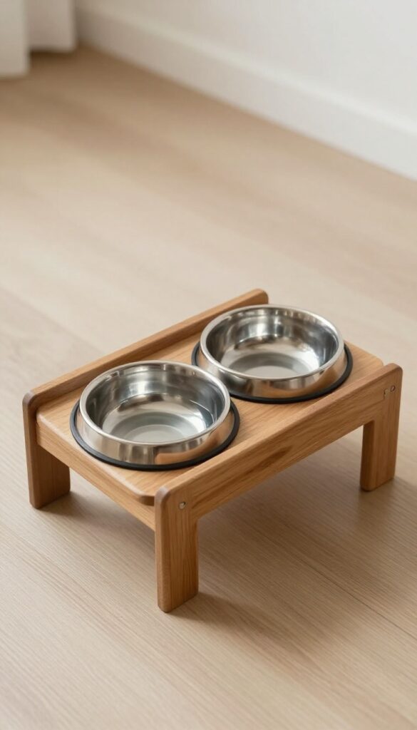 An elevated wooden dog feeding station with stainless steel bowls in a bright, clean home setting, showcasing a luxury accessory for improved pet comfort and organized feeding.