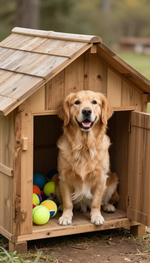 Dog house with roof-mounted toy bin open, filled with toys, golden retriever sitting beside it