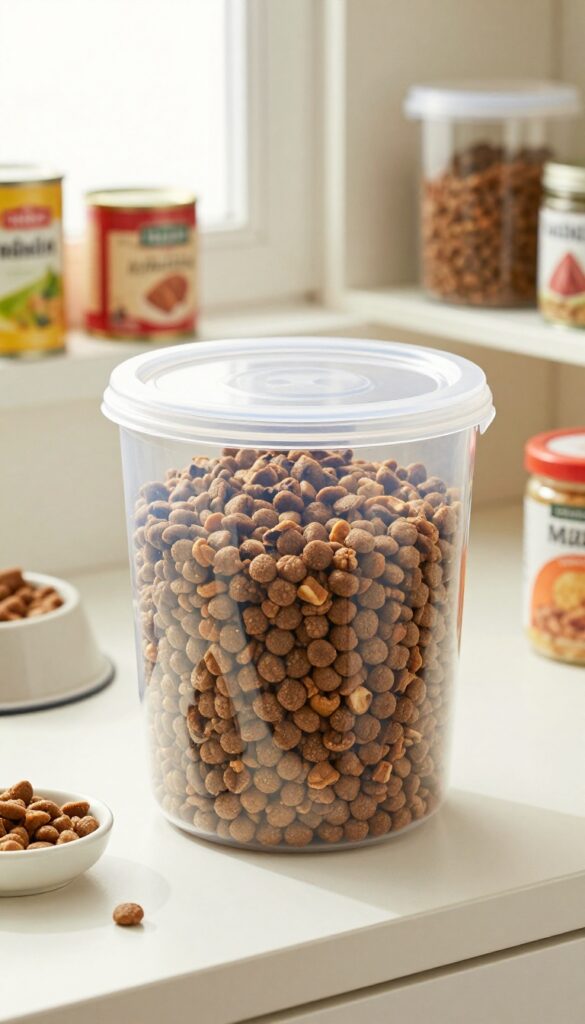 A clear airtight container filled with dog food on a pantry shelf, illustrating space-saving storage for freshness and visibility in a bright, natural setting.