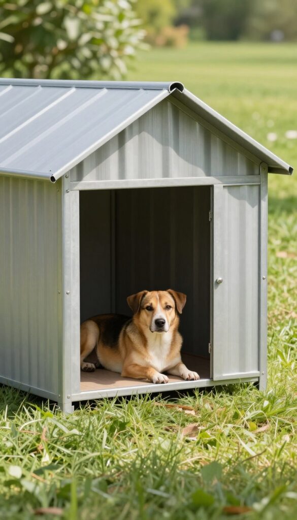 Metal dog house with sunshade overhang, dog lounging in shaded porch area