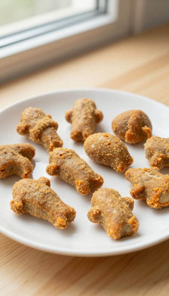 A close-up of homemade sweet potato and chicken mini training cubes for dogs, arranged on a plain white plate against a wooden surface, showcasing their soft texture and natural ingredients in bright light.