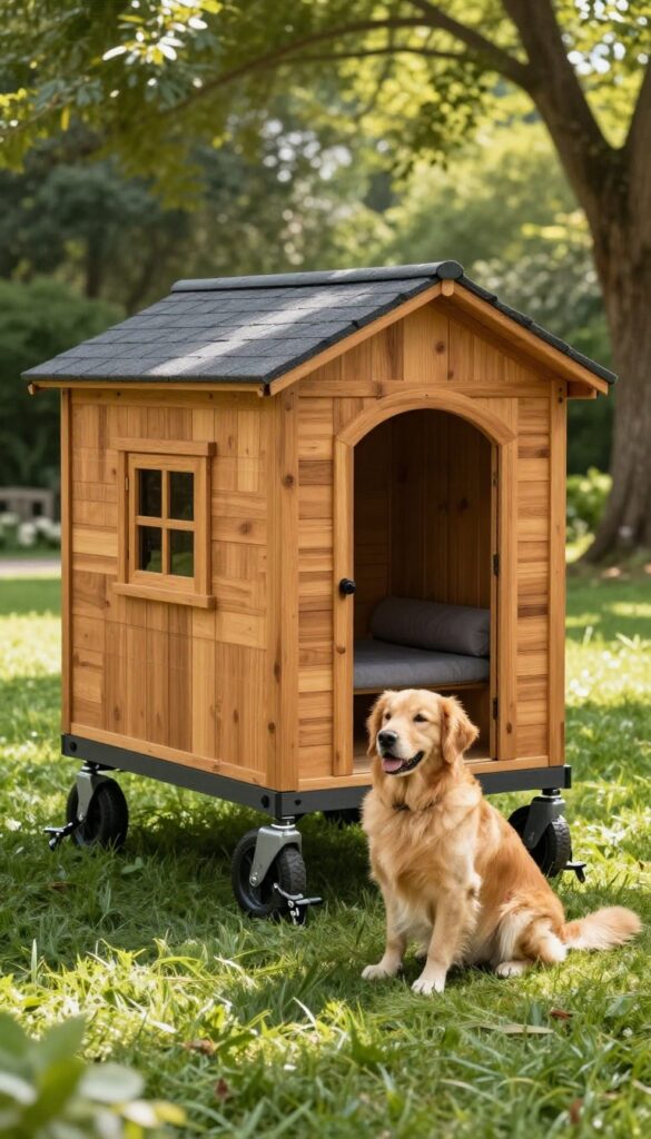 Portable luxury dog house on wheels in sunny backyard with golden retriever