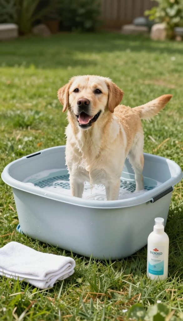 A realistic photo of a Labrador Retriever being bathed in a collapsible tub outdoors, showcasing practical mobile grooming for dog owners.