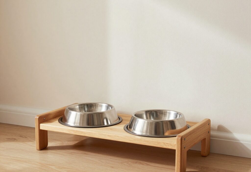 DIY dog feeding station with elevated wooden stand and stainless steel bowls in a tidy home environment