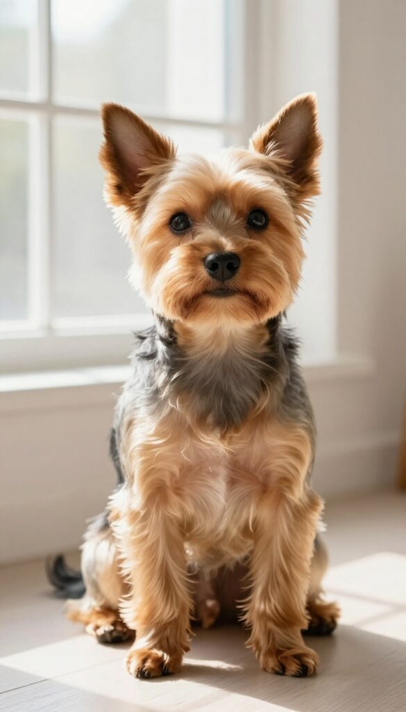 A Yorkshire Terrier with a topknot and fluffy tail, showcasing a polished haircut in natural light.