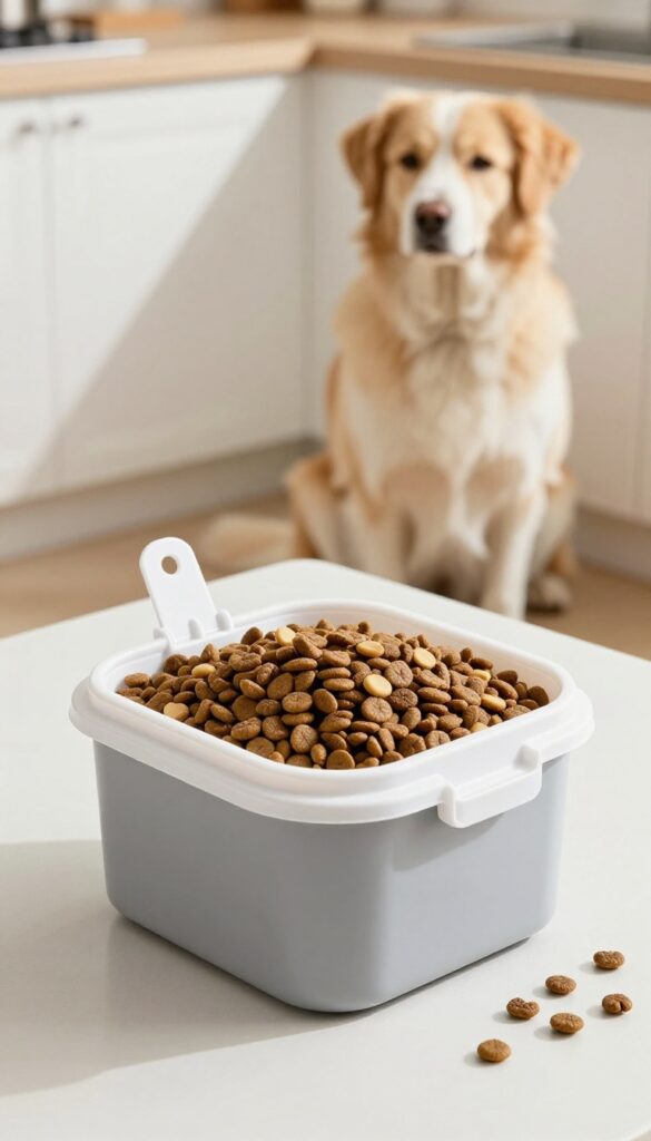 An eco-friendly airtight dog food bin made from recycled materials, filled with kibble and placed in a bright kitchen setting with a dog nearby.