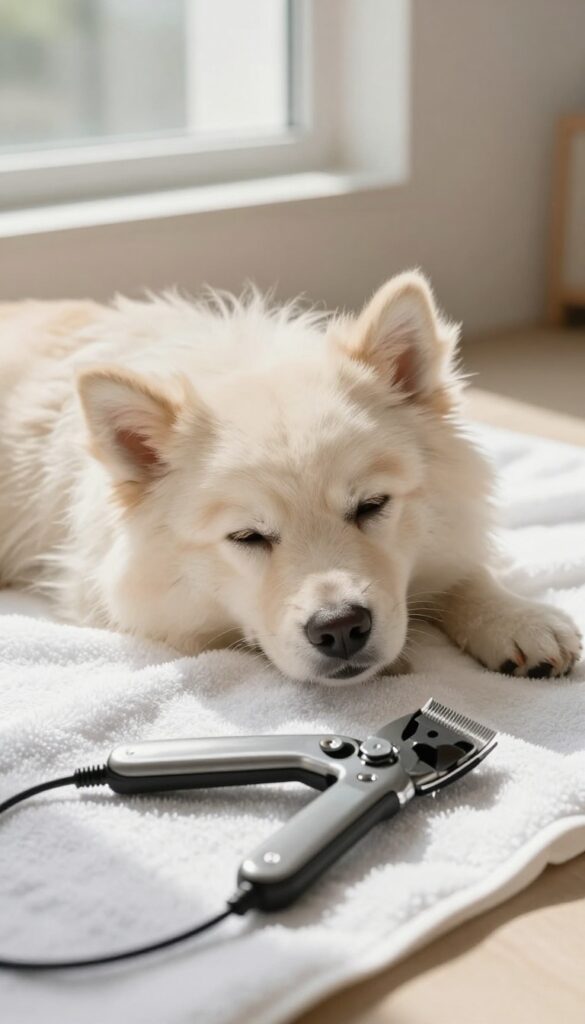 A calm dog resting peacefully next to quiet clippers in a bright room, illustrating low-stress grooming for nervous dogs.