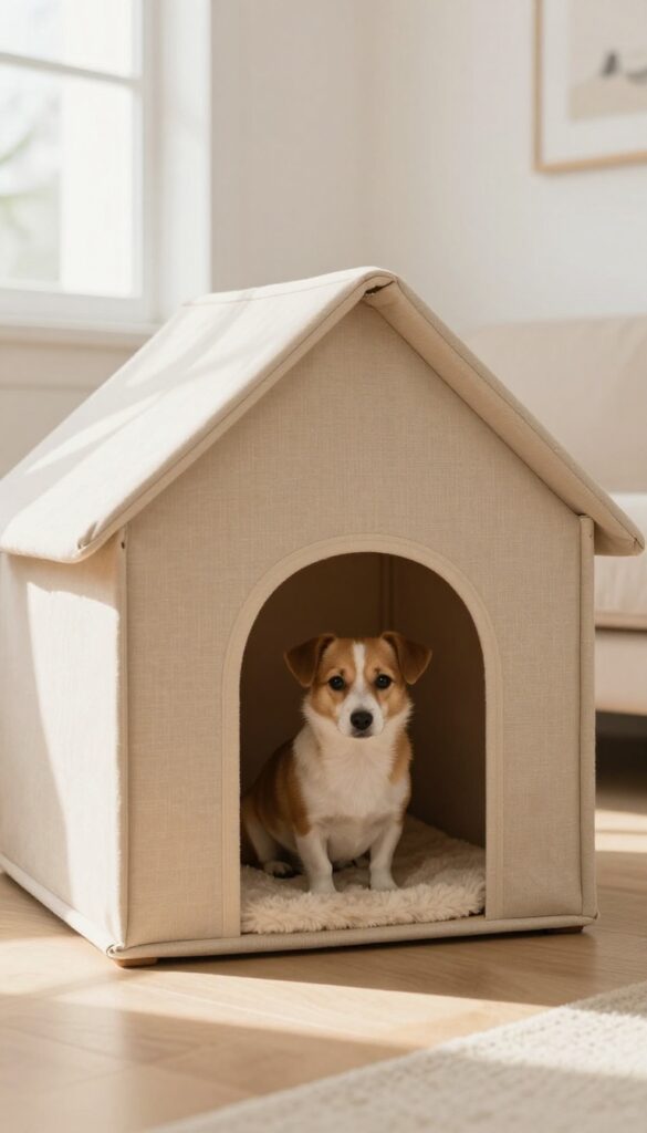 Small dog resting inside a fabric cube dog house in a bright living room
