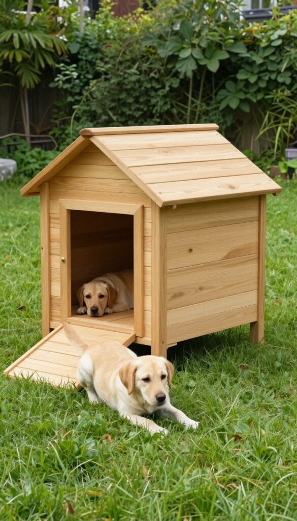Two-story dog house with ramp in a sunny backyard, Labrador climbing up, another dog resting below.