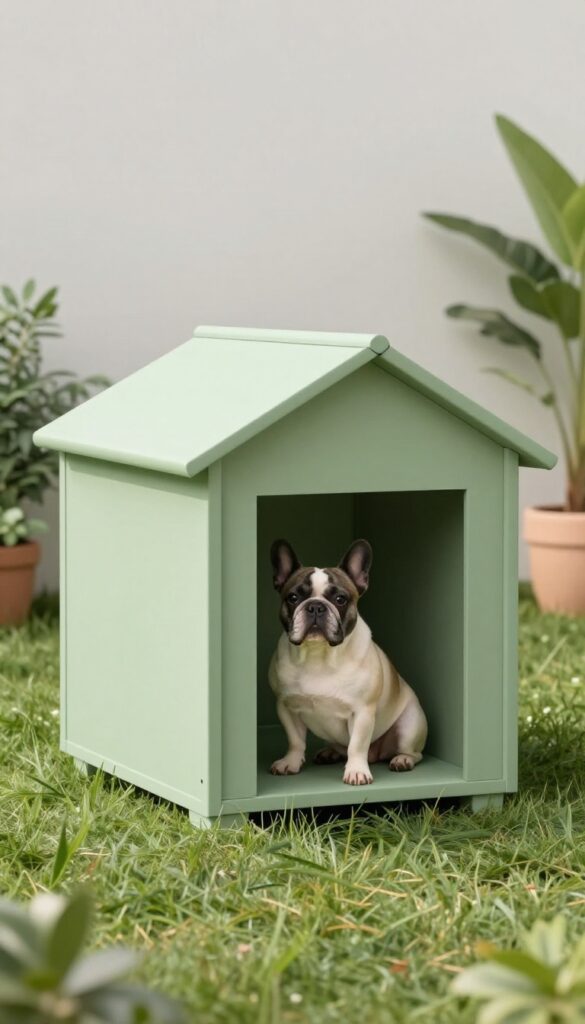 A minimalist cube dog house in a sunny backyard with a French Bulldog sitting inside.
