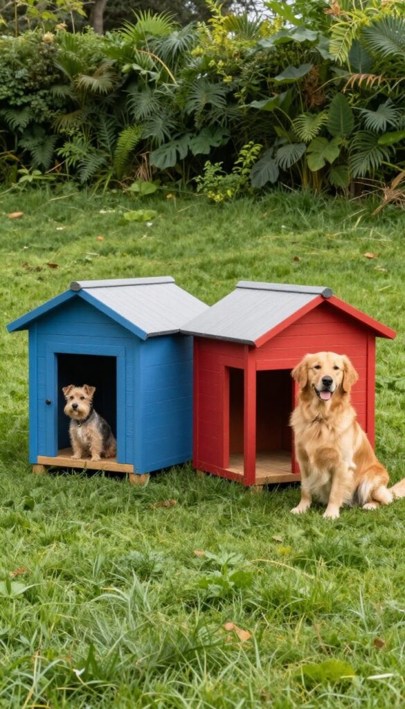 Two-story dog house with separate entrances for two dogs in a sunny backyard