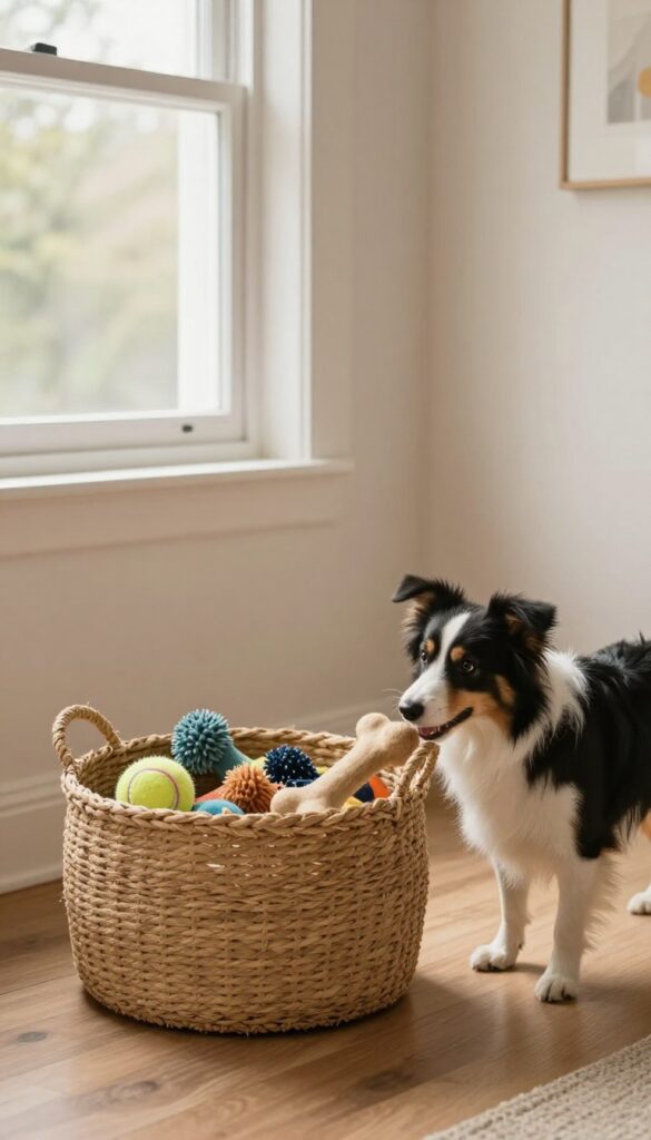 Dog pulling toy from woven basket in bright living room