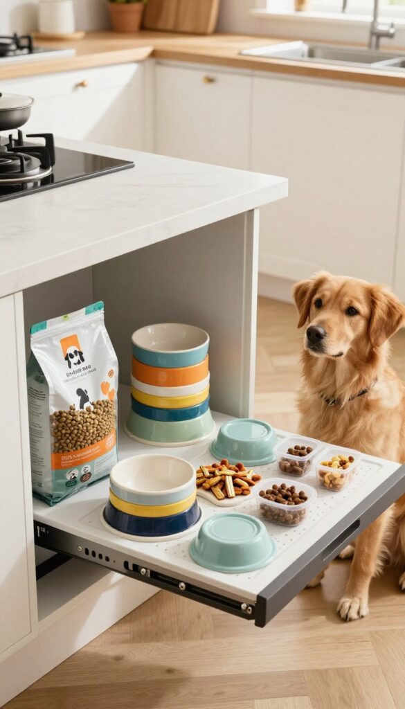 A kitchen island drawer organized with dog food and bowls, featuring a dog nearby in a bright, modern home setting.