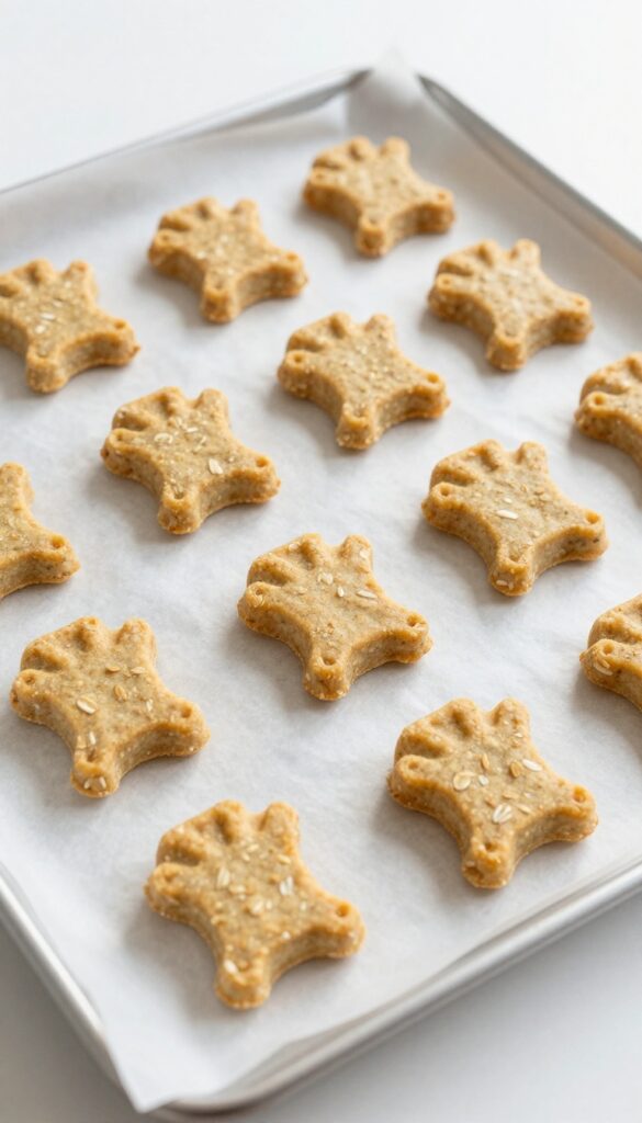 Homemade sweet potato oat training buttons for dogs, arranged on a baking sheet with parchment paper, showcasing simple, dog-safe ingredients in a clean, natural light setting.