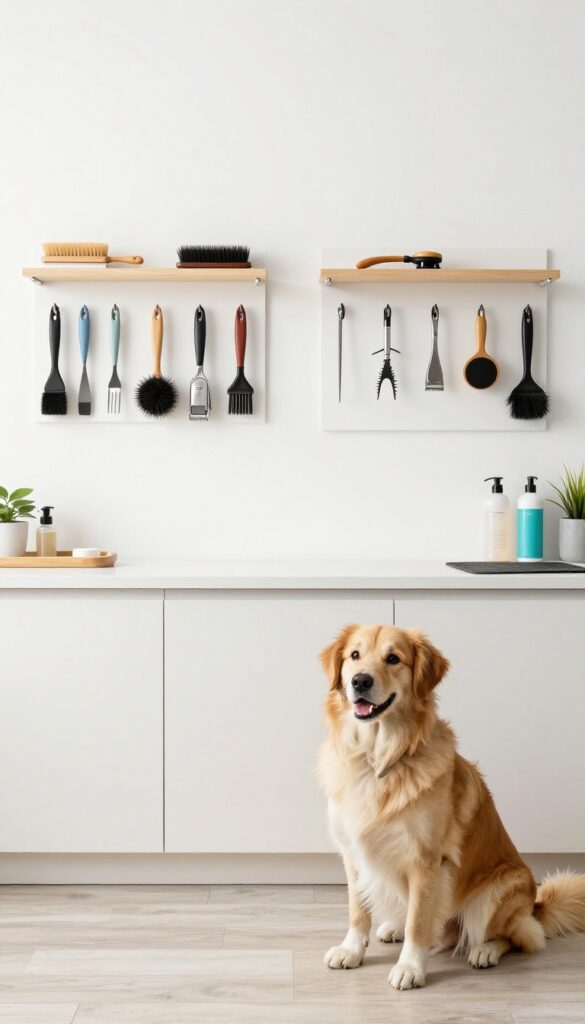 A well-organized home dog grooming room featuring wall-mounted storage for grooming tools, with a happy dog nearby in bright natural light.