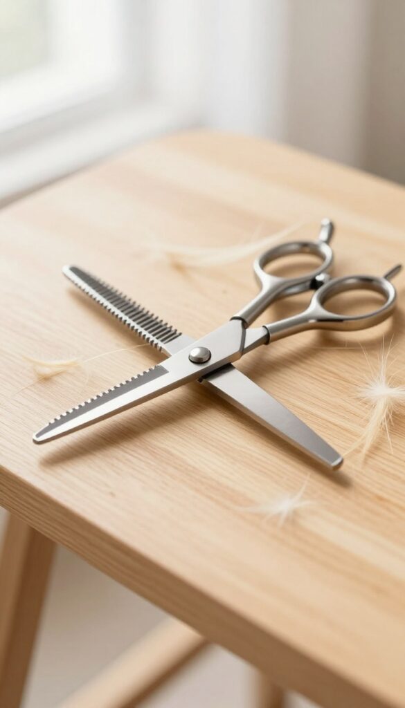 Thinning shears for dog grooming placed on a surface with golden retriever fur, showcasing notched blades for blending and texture in natural light.