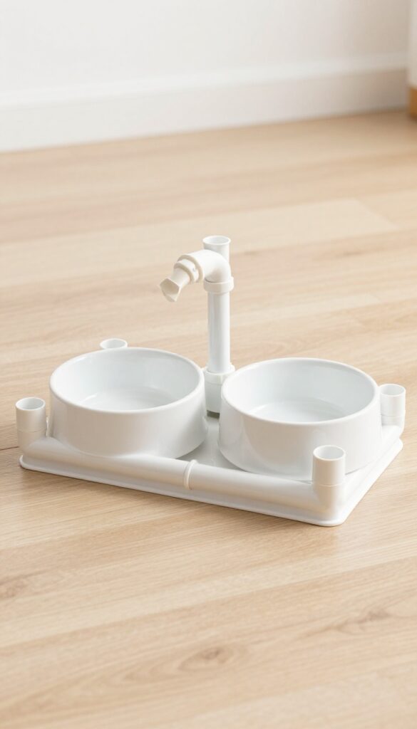 A DIY PVC pipe feeding station with ceramic bowls, designed to keep dog bowls stable and reduce mess during feeding, in a bright, natural setting.