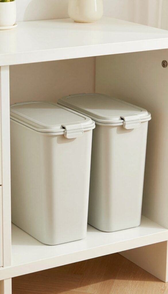 Stackable BPA-free bins for dog food storage in a modern apartment, highlighting organized and space-saving pet care.