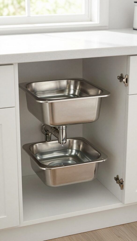 A built-in dog water bowl station installed under a kitchen sink, featuring a stainless steel bowl connected to plumbing for fresh water on tap, in a bright and clean kitchen setting.
