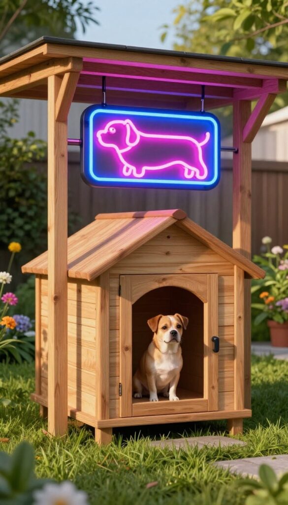 Neon LED sign on a dog house in backyard at dusk
