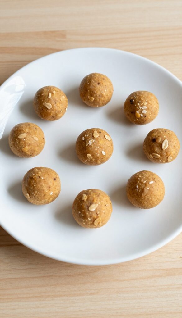 Homemade peanut butter sweet potato dog treat balls on a plain white plate, showcasing soft texture and natural ingredients for dogs with sensitive stomachs.