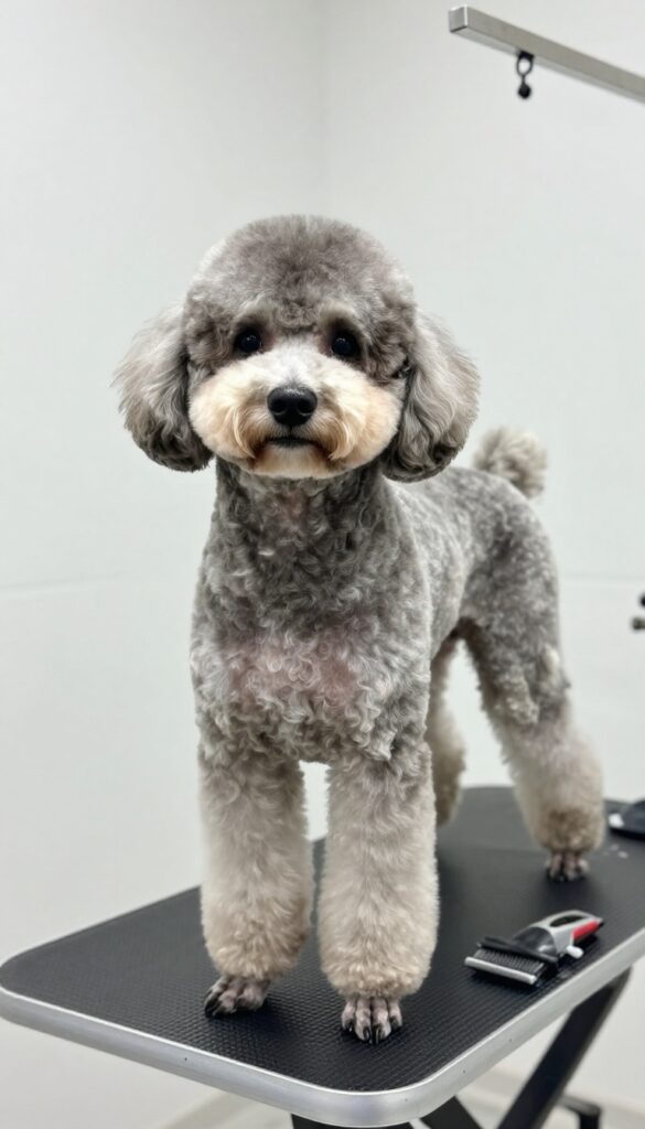A poodle with a Modified Dutch Clip grooming style, featuring shaved and fluffy areas, in a bright grooming setup with tools.