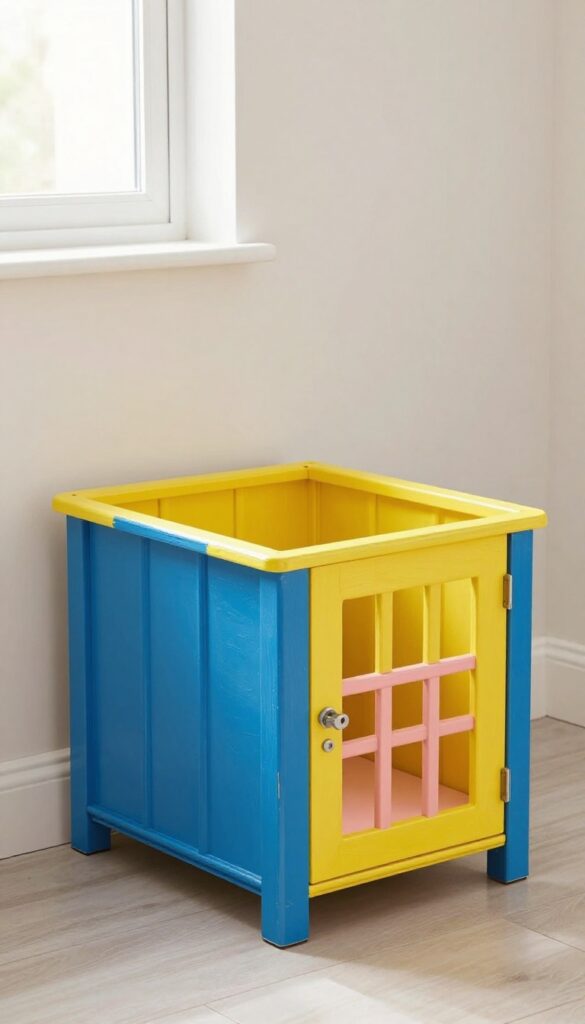 A colorful dog kennel painted with bright, non-toxic paints in a well-lit home environment, showcasing custom decor for a pet-friendly space.