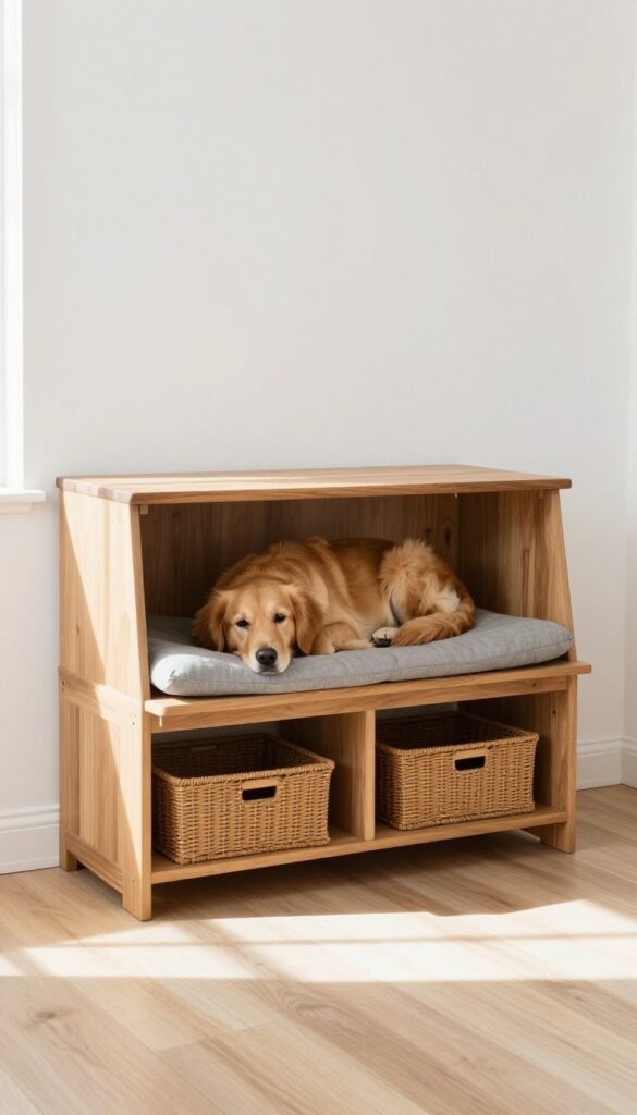 Convertible dog house and storage bench in a bright living room with a golden retriever resting inside the hidden compartment.