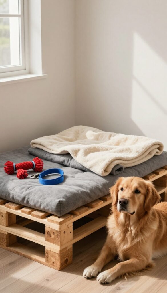Elevated pallet dog bed with storage underneath in a bright indoor pet corner