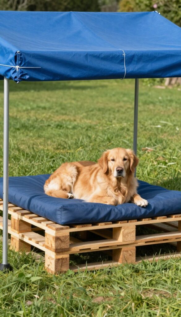 Pallet and tarp hybrid dog house in a sunny backyard with a golden retriever resting inside