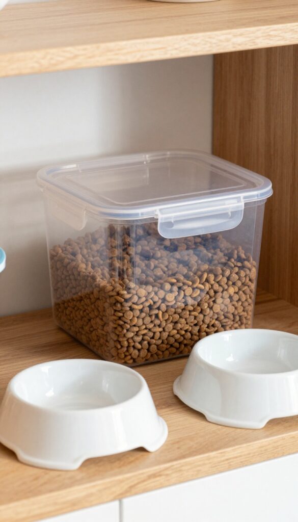 Airtight container of dog food on a pantry shelf with feeding bowls, showcasing neat storage in natural light.