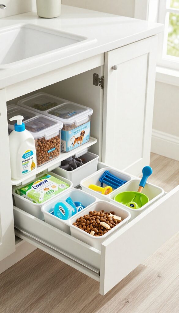 A pull-out drawer in a laundry room or utility closet, filled with organized dog food and pet supplies in airtight containers, under bright natural light.