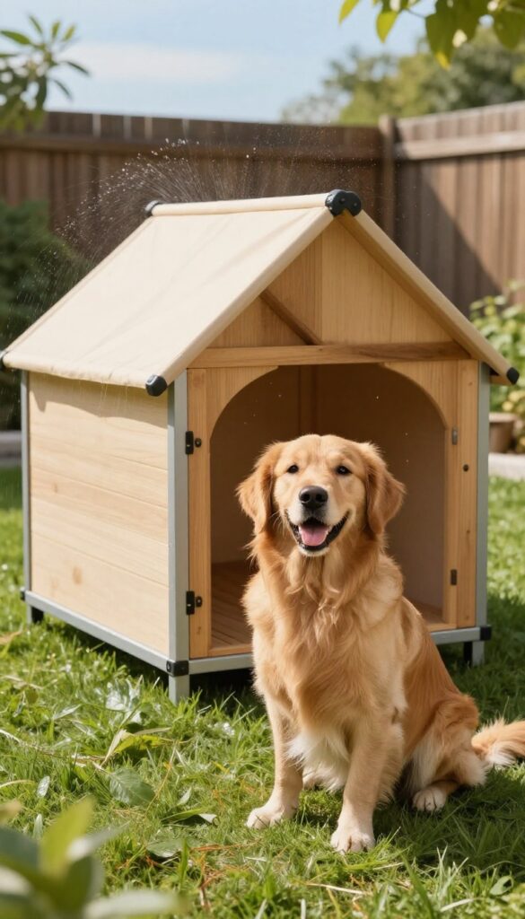 Dog house with shade canopy and misting system in sunny backyard