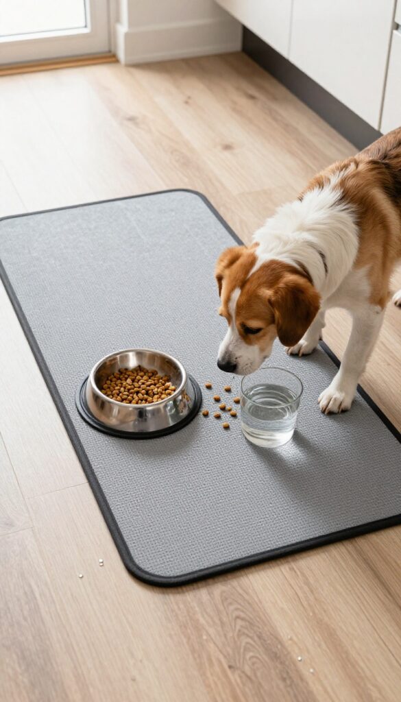 A non-slip feeding mat catching spills from a dog bowl on a kitchen floor, illustrating practical use for messy meals.