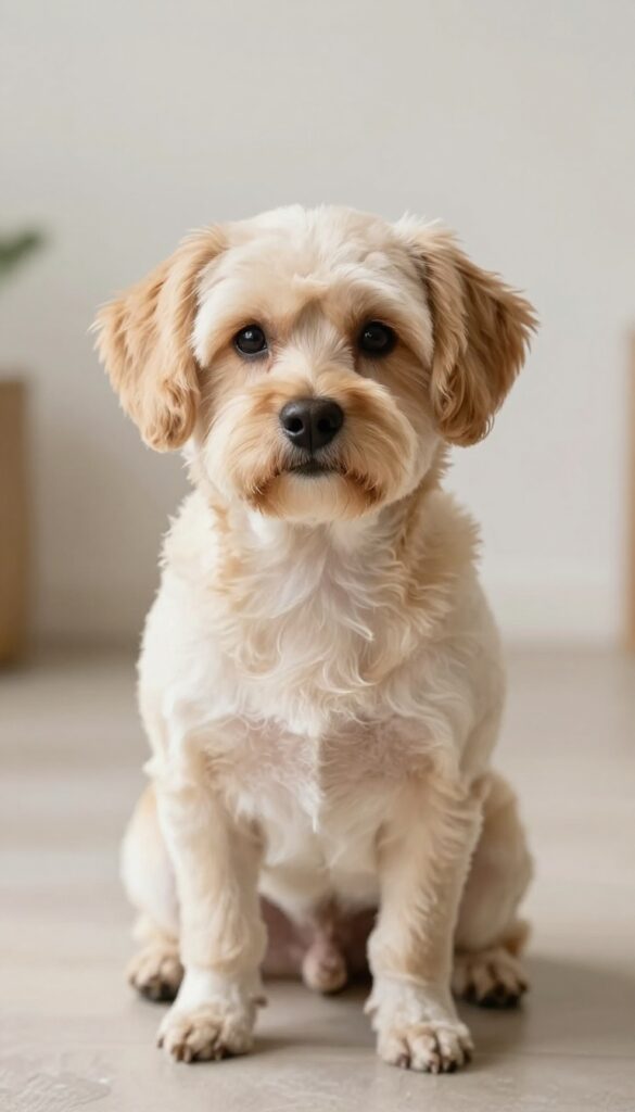 A Poochon dog with a comfort-focused ear trim, sitting in natural light to demonstrate how this grooming style reduces ear infections and simplifies maintenance for owners.